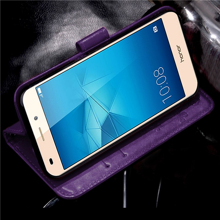 Imprinted Four-leaf Clovers Leather Flip Case for Huawei Honor 5c / GT3 - Purple-15
