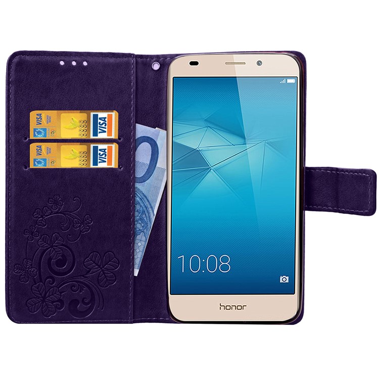 Imprinted Four-leaf Clovers Leather Flip Case for Huawei Honor 5c / GT3 - Purple-16