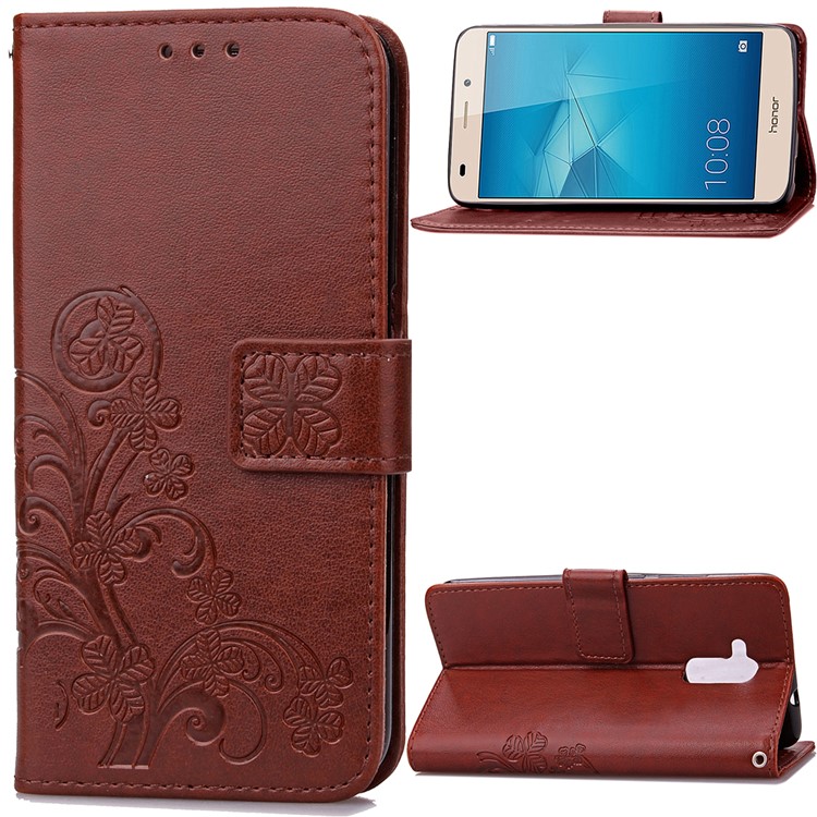 Imprinted Four-leaf Clovers Leather Shell for Huawei Honor 5c / GT3 - Brown-1