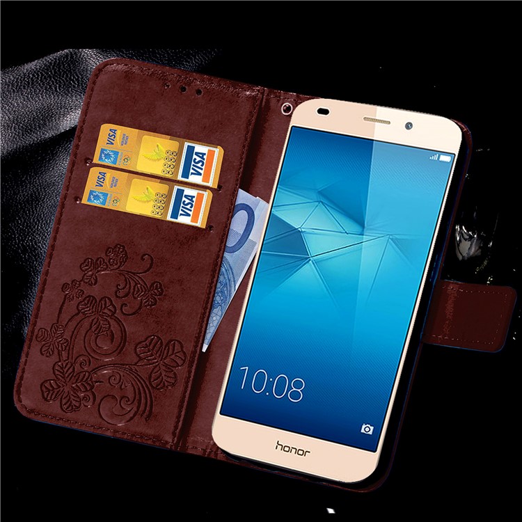 Imprinted Four-leaf Clovers Leather Shell for Huawei Honor 5c / GT3 - Brown-10