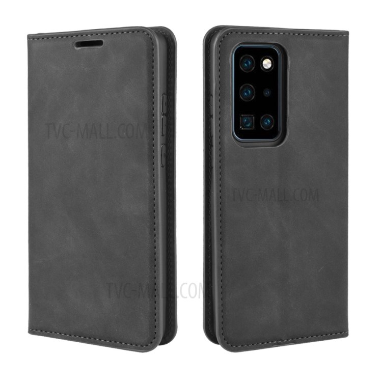 Silky Touch Leather Wallet Protection Case Phone Cover for Huawei P40 Pro - Black-2