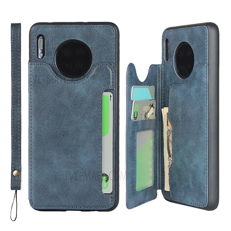 PU Leather + TPU Protection Kickstand Phone Case with Card Slots and Handy Strap for Huawei Mate 30 - Blue-1