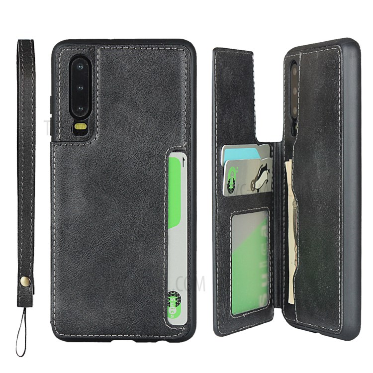 PU Leather + TPU Protection Kickstand Phone Case with Card Slots and Handy Strap for Huawei P30 - Black-1
