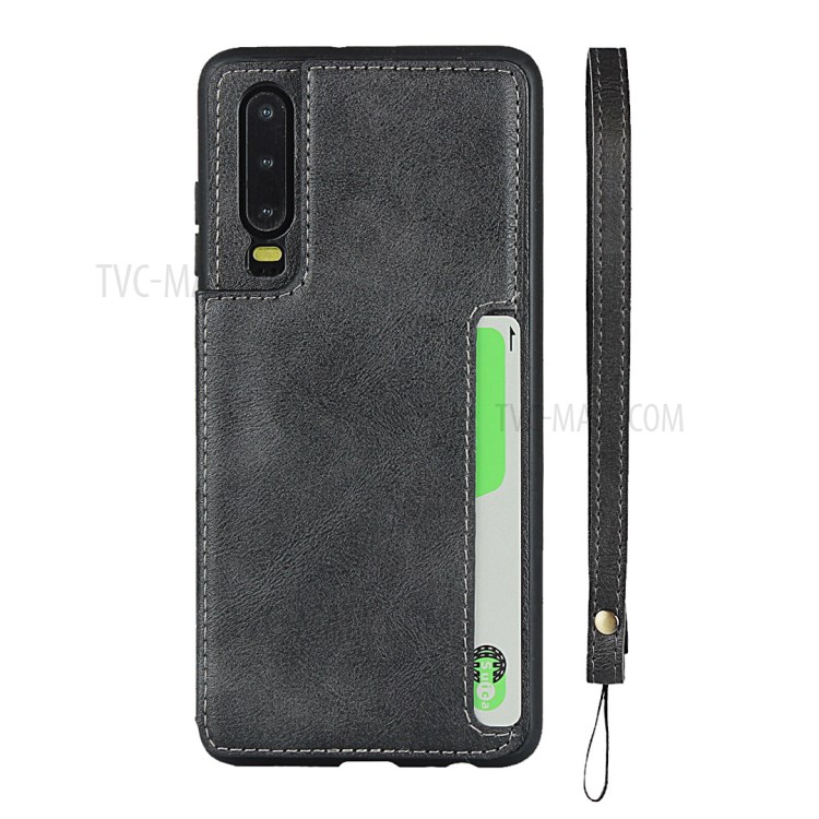 PU Leather + TPU Protection Kickstand Phone Case with Card Slots and Handy Strap for Huawei P30 - Black-3