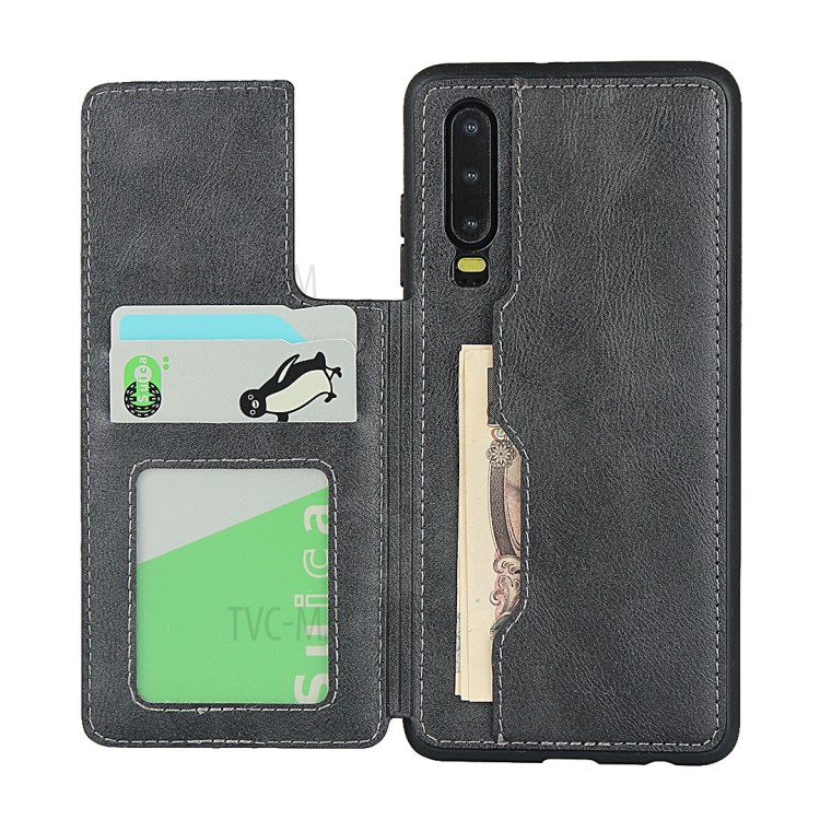 PU Leather + TPU Protection Kickstand Phone Case with Card Slots and Handy Strap for Huawei P30 - Black-8