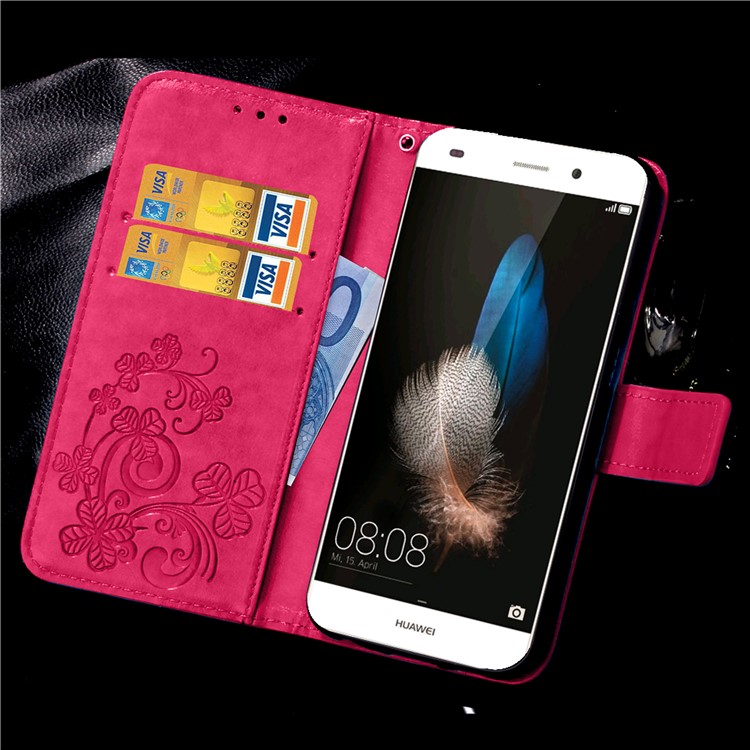 Imprinted Four-leaf Clovers Leather Bracket Case for Huawei Ascend P8 Lite - Rose-10