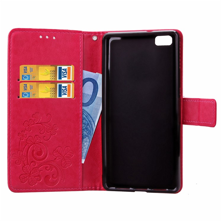Imprinted Four-leaf Clovers Leather Bracket Case for Huawei Ascend P8 Lite - Rose-4