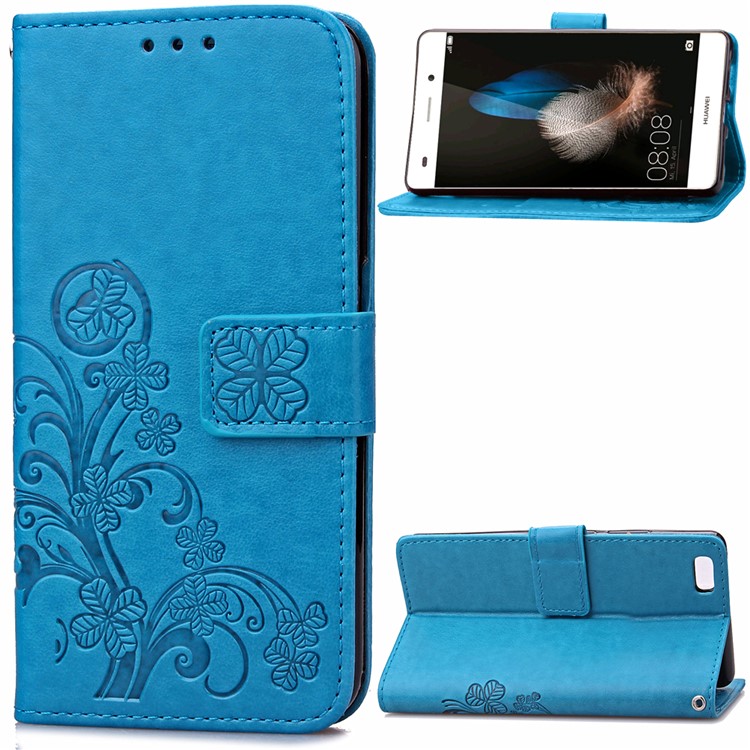Imprinted Four-leaf Clovers Leather Flip Shell for Huawei Ascend P8 Lite - Blue-1