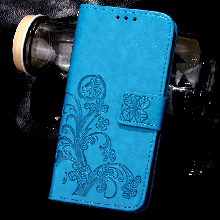 Imprinted Four-leaf Clovers Leather Flip Shell for Huawei Ascend P8 Lite - Blue-13
