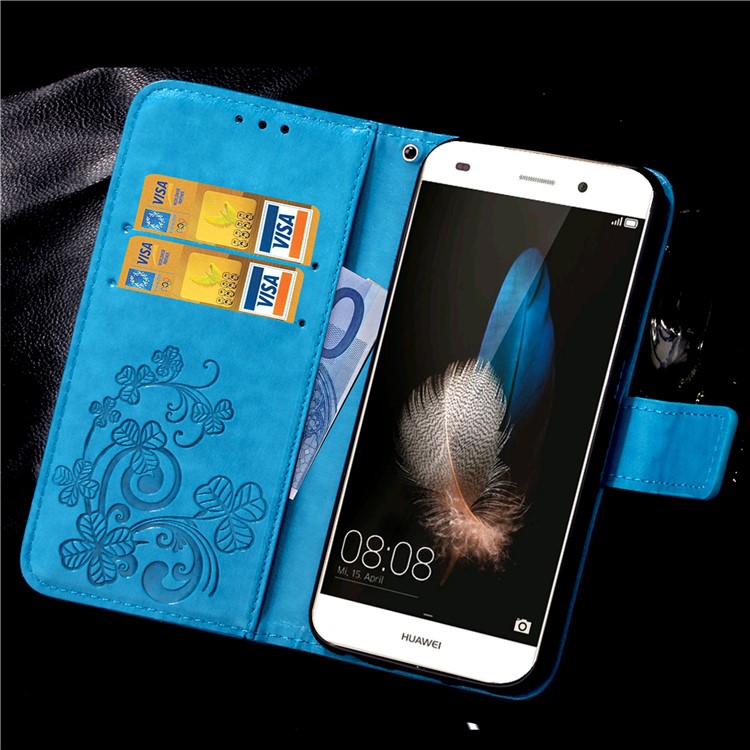Imprinted Four-leaf Clovers Leather Flip Shell for Huawei Ascend P8 Lite - Blue-15