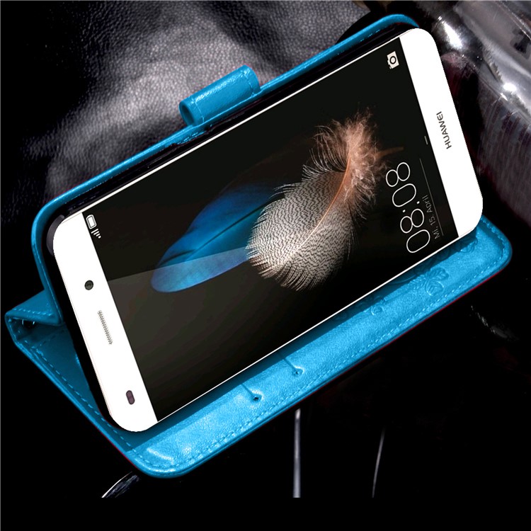 Imprinted Four-leaf Clovers Leather Flip Shell for Huawei Ascend P8 Lite - Blue-16