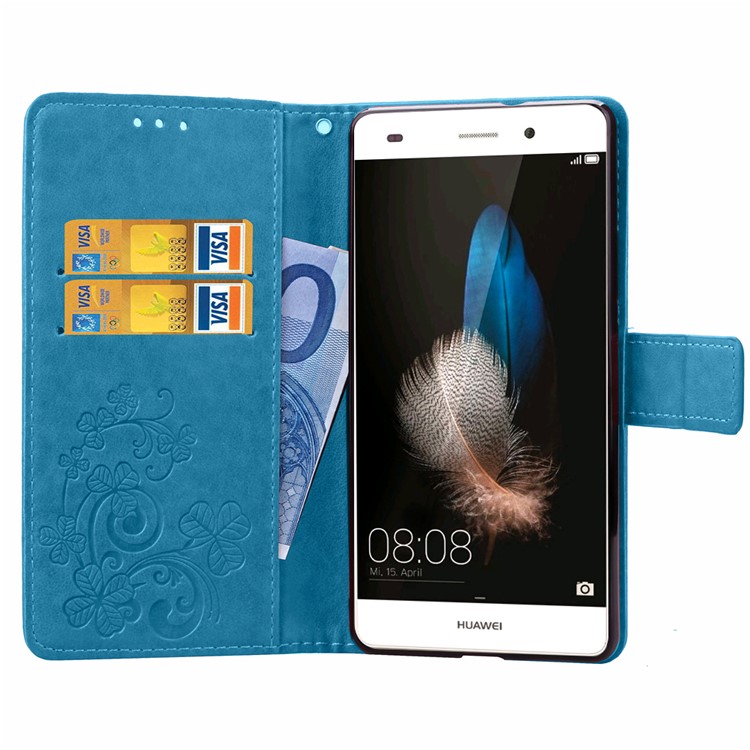 Imprinted Four-leaf Clovers Leather Flip Shell for Huawei Ascend P8 Lite - Blue-17