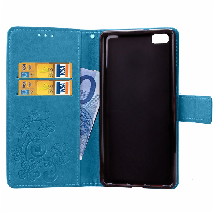 Imprinted Four-leaf Clovers Leather Flip Shell for Huawei Ascend P8 Lite - Blue-4
