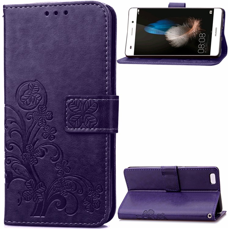Imprinted Four-leaf Clovers Leather Stand Cover for Huawei Ascend P8 Lite - Purple-1