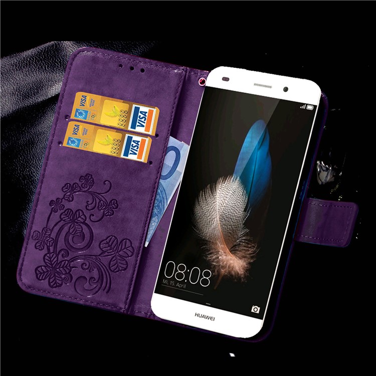 Imprinted Four-leaf Clovers Leather Stand Cover for Huawei Ascend P8 Lite - Purple-10