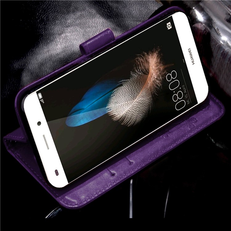 Imprinted Four-leaf Clovers Leather Stand Cover for Huawei Ascend P8 Lite - Purple-11