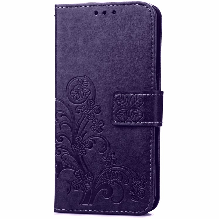 Imprinted Four-leaf Clovers Leather Stand Cover for Huawei Ascend P8 Lite - Purple-3