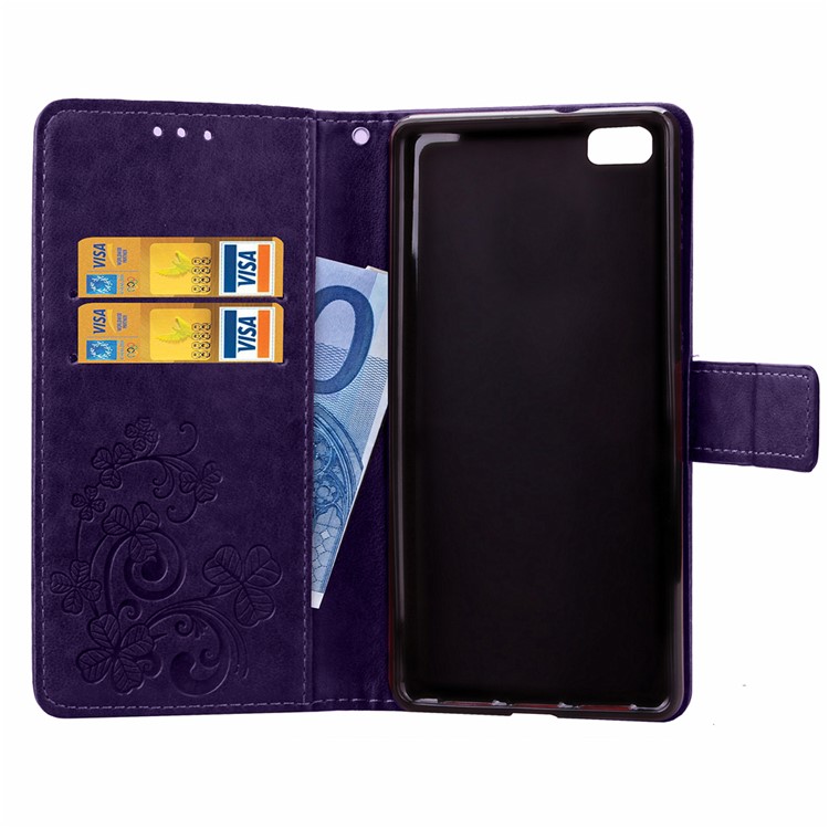 Imprinted Four-leaf Clovers Leather Stand Cover for Huawei Ascend P8 Lite - Purple-4