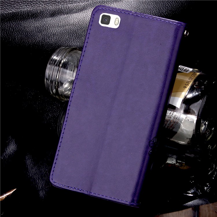 Imprinted Four-leaf Clovers Leather Stand Cover for Huawei Ascend P8 Lite - Purple-9