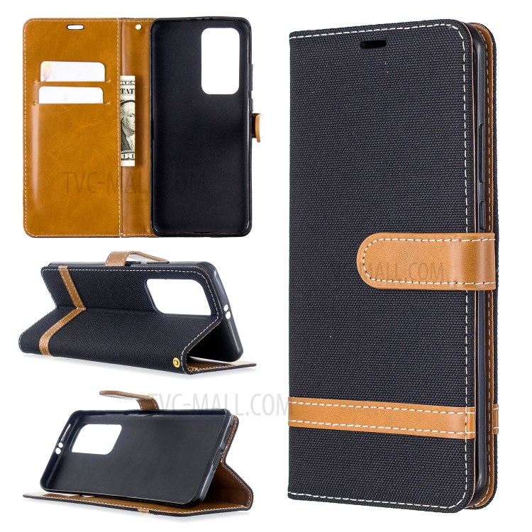 Caso Jeans Di Colore In Pelle Panno Portafoglio Assortiti Per Huawei P40 Pro - Nero-1