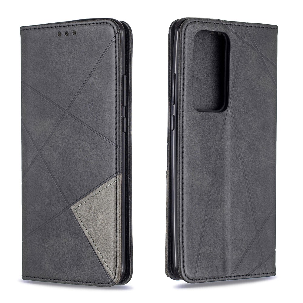 Estuche de Titular de la Tarjeta de Cuero de Stand Geométrico Para Huawei P40 Pro - Negro