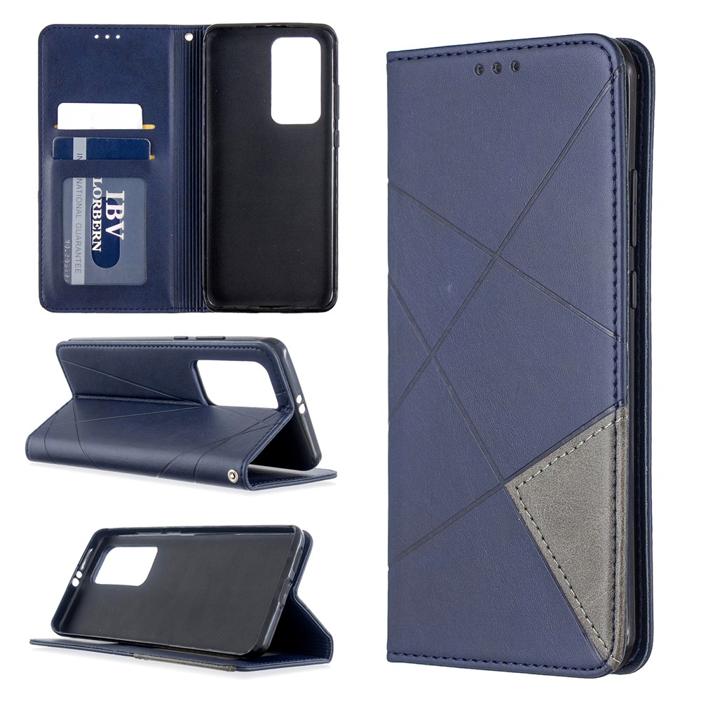 Estuche de Titular de la Tarjeta de Cuero de Stand Geométrico Para Huawei P40 Pro - Azul