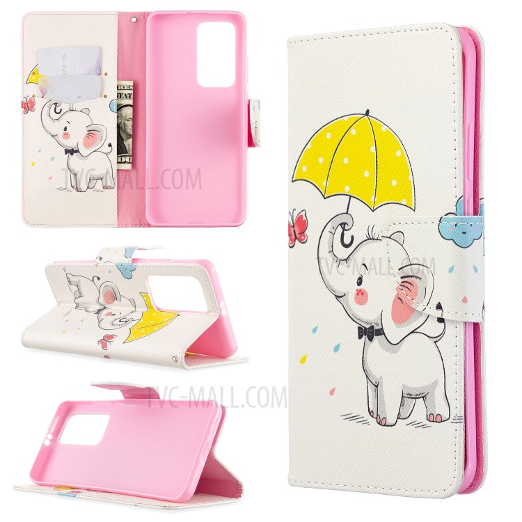 Pattern Printing Leather Wallet Case for Huawei P40 Pro - Elephant Holding an Umbrella-1