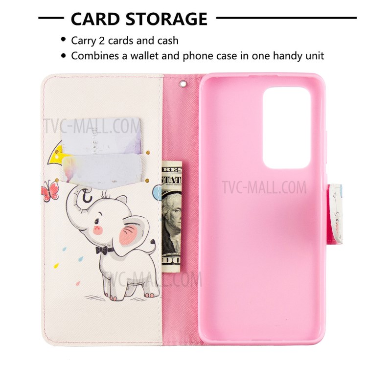 Pattern Printing Leather Wallet Case for Huawei P40 Pro - Elephant Holding an Umbrella-6