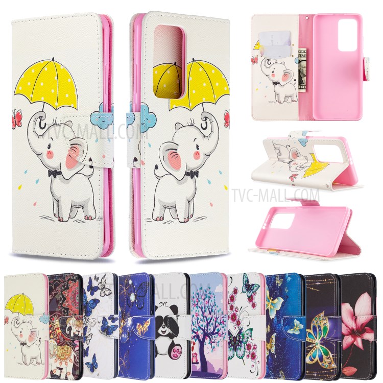 Pattern Printing Leather Wallet Case for Huawei P40 Pro - Elephant Holding an Umbrella-9