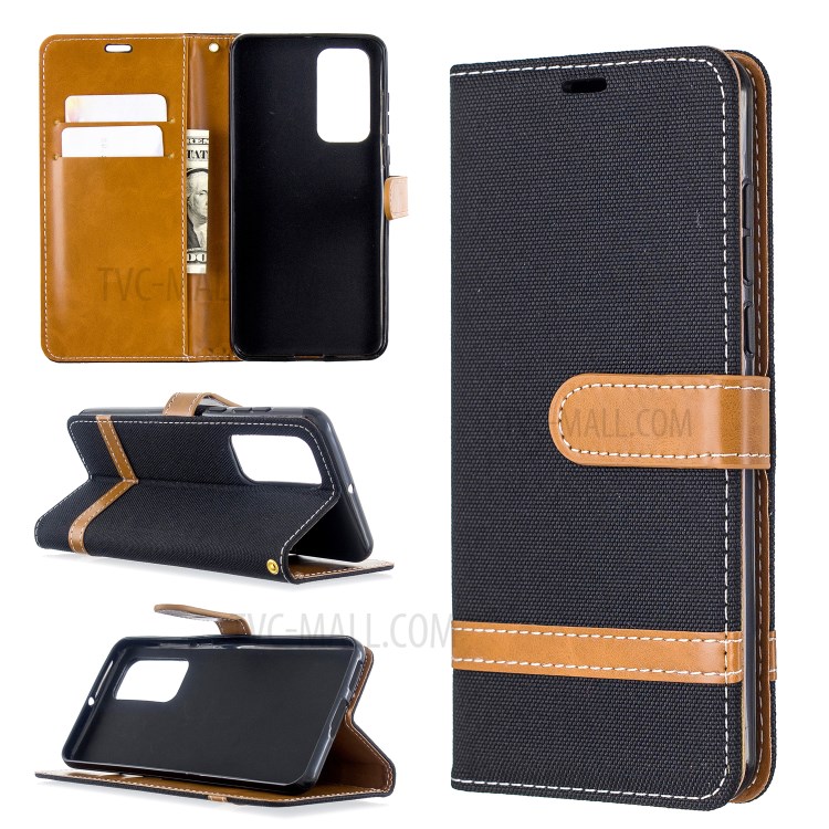 Assorted Color Jeans Cloth Leather Wallet Case for Huawei P40 - Black-1