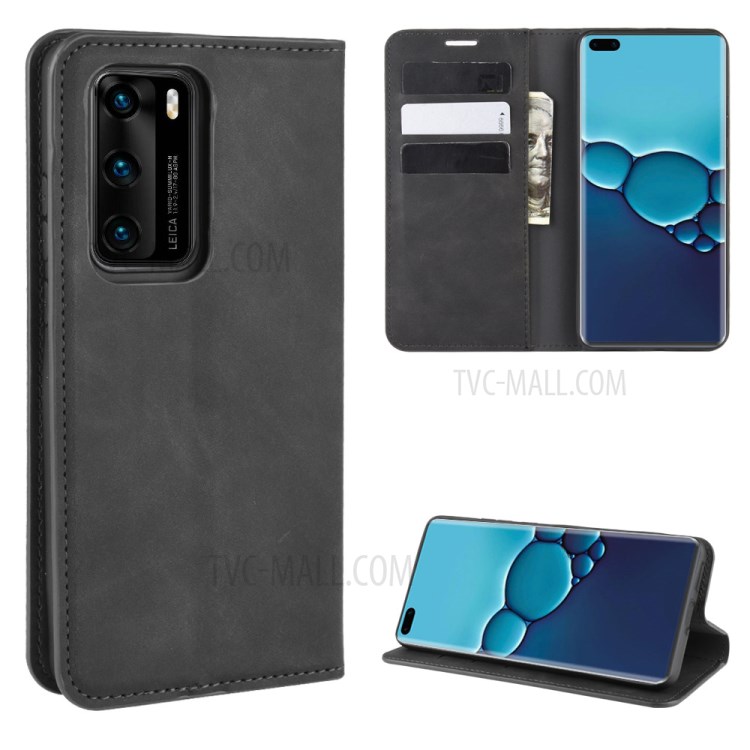 Silky Touch Auto-absorbed Flip Leather Wallet Shell Cover for Huawei P40 - Black-1