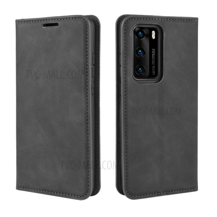 Silky Touch Auto-absorbed Flip Leather Wallet Shell Cover for Huawei P40 - Black-2