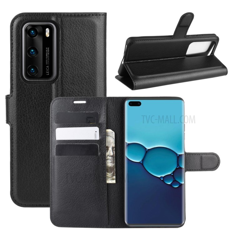 Litchi Texture Wallet Stand Leather Protector Cover for Huawei P40 - Black-1