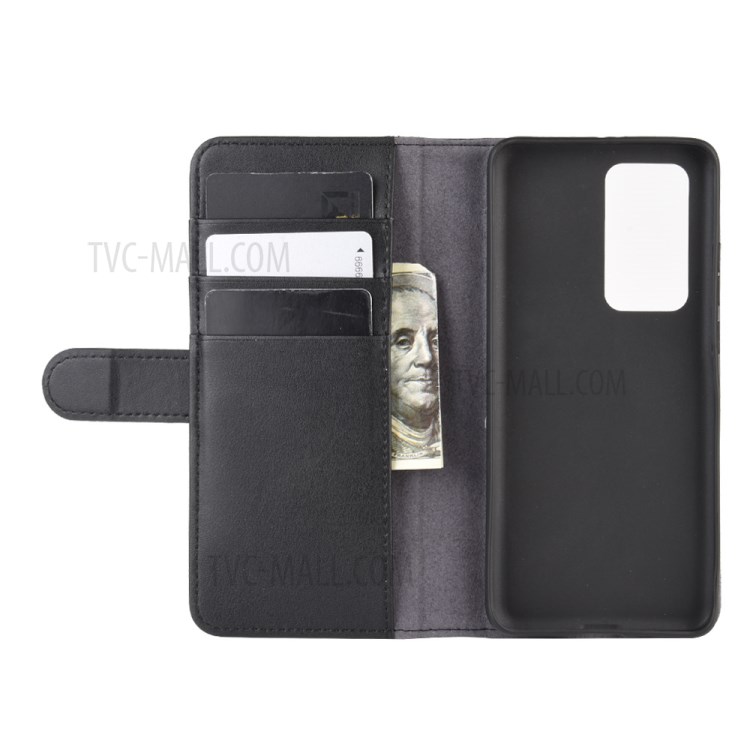 Genuine Split Leather Wallet Stand Phone Protective Shell for Huawei P40 - Black-5