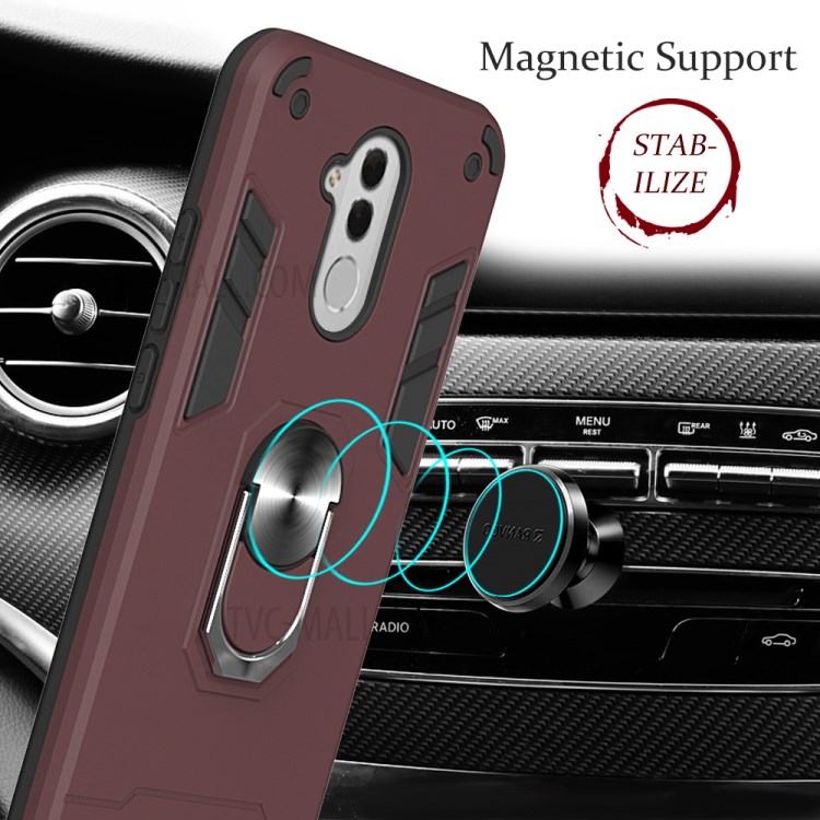 Finger Ring Kickstand Phone Case for Huawei Mate 20 Lite Hard Armor Back Cover (PC+TPU) - Wine Red-7