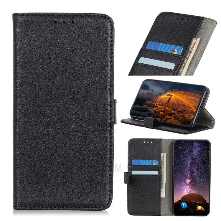 Litchi Grain Leather Wallet Stand Phone Cover for Huawei Y7p/P40 Lite E - Black-1