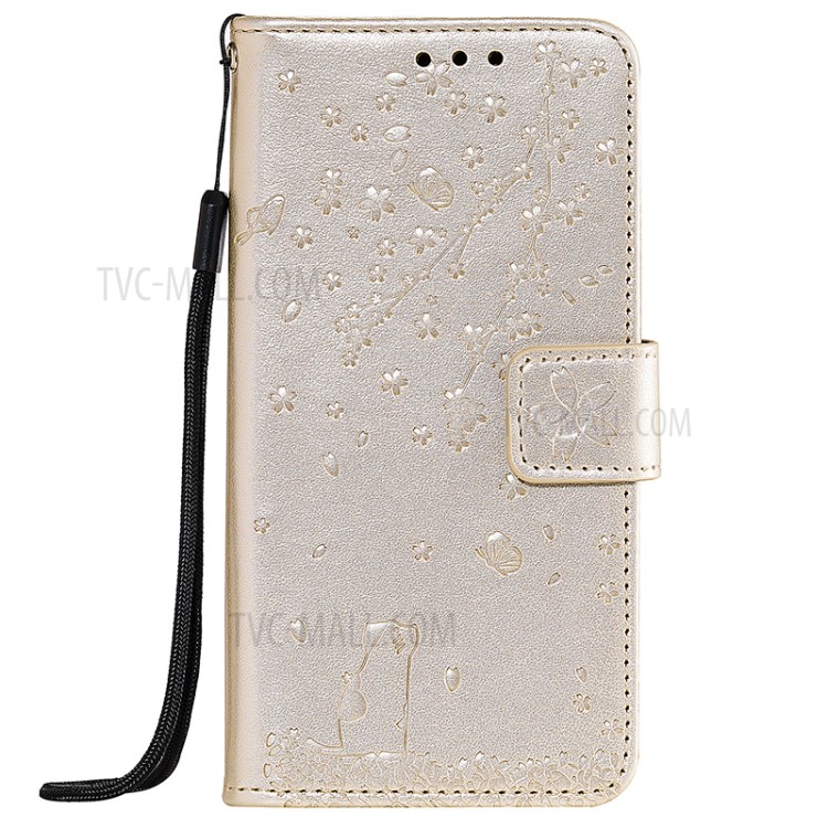 Imprint Flower and Cat Wallet Phone Leather Stand Cover Shell for Huawei P40 - Gold-1