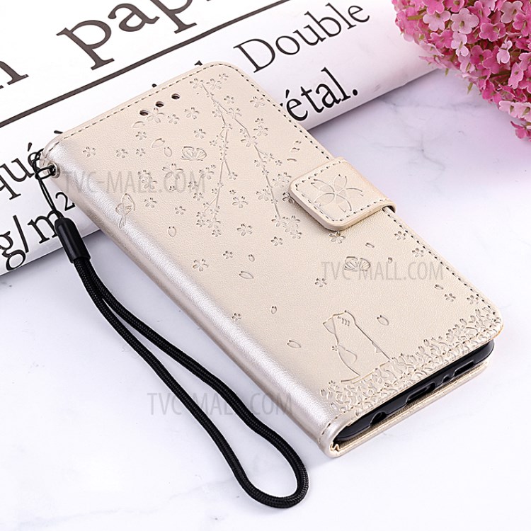 Imprint Flower and Cat Wallet Phone Leather Stand Cover Shell for Huawei P40 - Gold-6