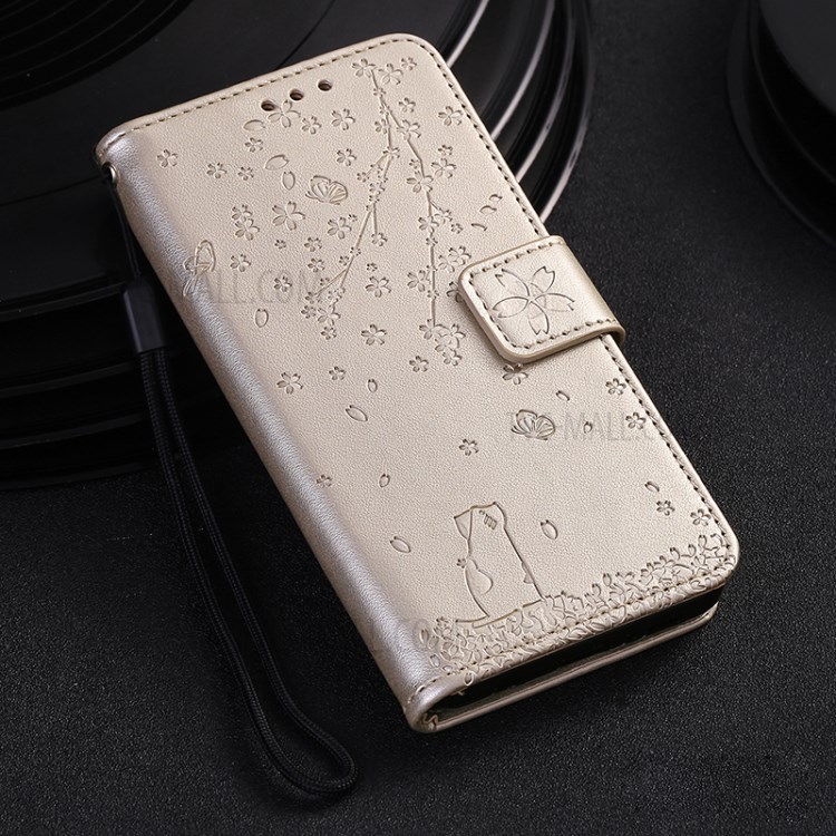 Imprint Flower and Cat Wallet Phone Leather Stand Cover Shell for Huawei P40 - Gold-7