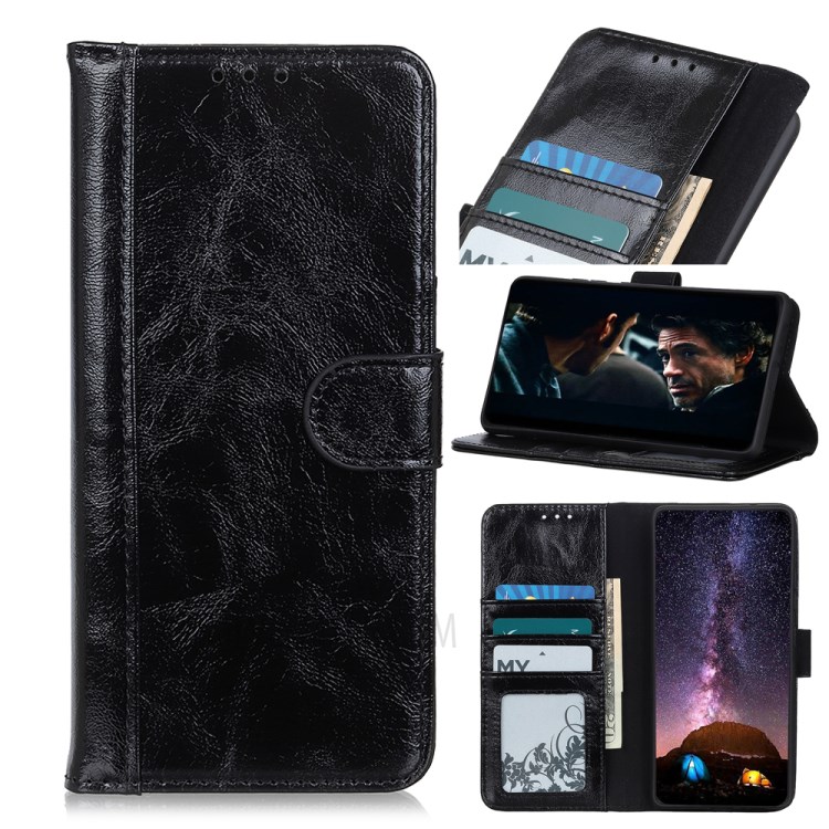 Crazy Horse Wallet Leather Flip Protector Cell Phone Cover for Huawei P40 Pro - Black-1