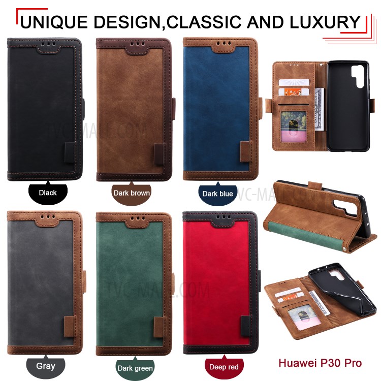 Vintage Splicing Style Wallet Stand Leather Flip Phone Cover for Huawei P30 Pro - Grey-13