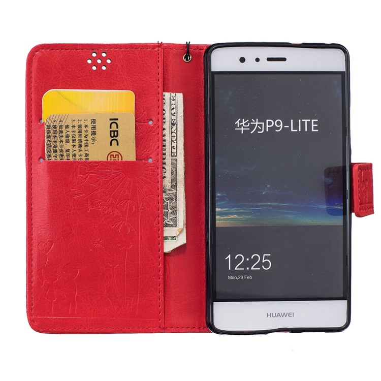 Imprint Dandelion and Lovers for Huawei P9 Lite Leather Wallet Shell - Red-7