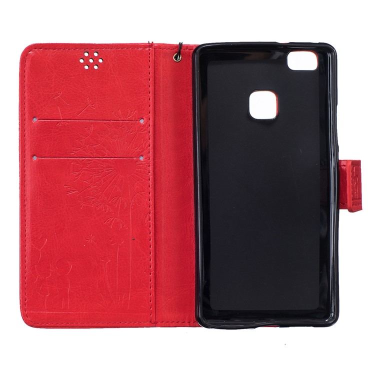 Imprint Dandelion and Lovers for Huawei P9 Lite Leather Wallet Shell - Red-8