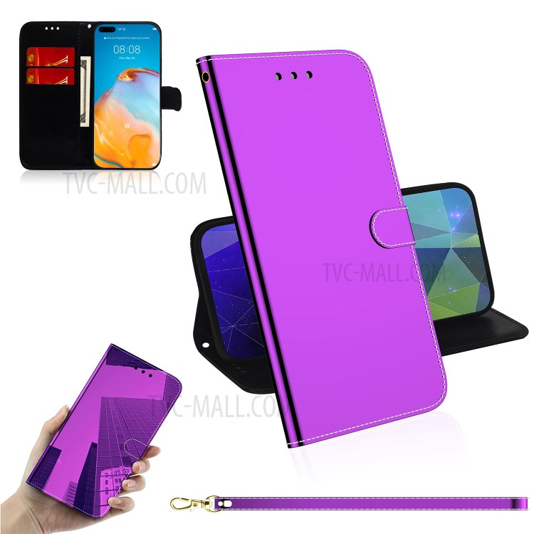 Mirror Surface Leather Wallet Cover with Strap Case for Huawei P40 Pro - Purple-1