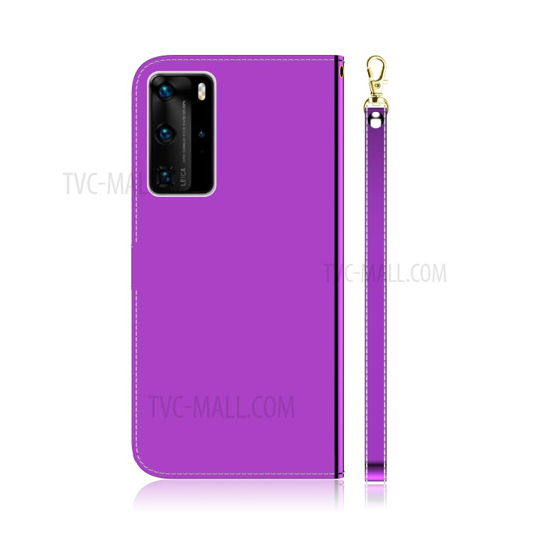 Mirror Surface Leather Wallet Cover with Strap Case for Huawei P40 Pro - Purple-3