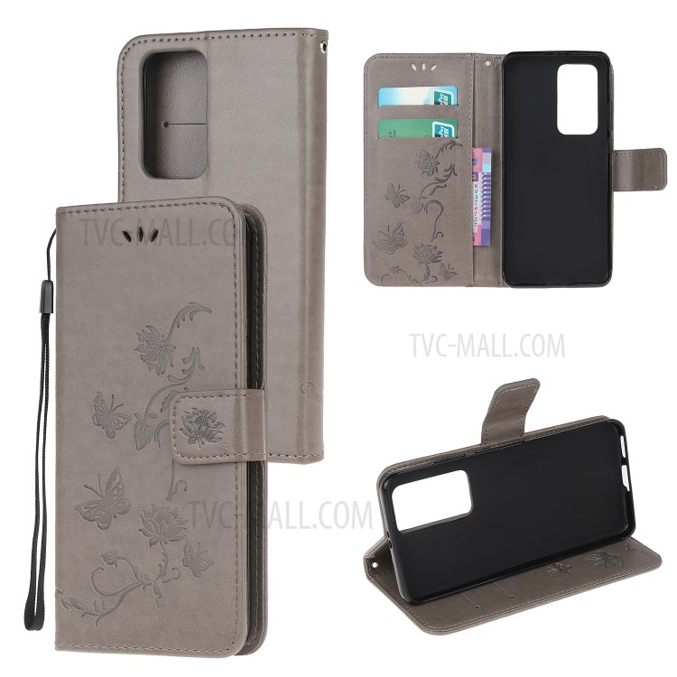 Imprint Butterfly Flower Wallet Leather Cell Phone Case for Huawei P40 Pro - Grey-1