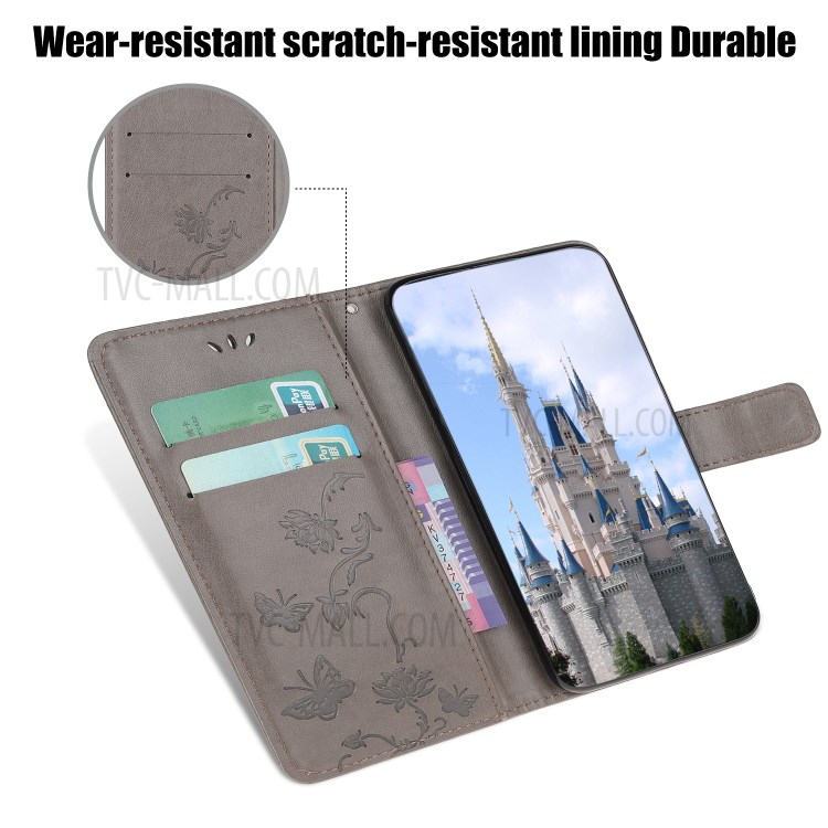 Imprint Butterfly Flower Wallet Leather Cell Phone Case for Huawei P40 Pro - Grey-4