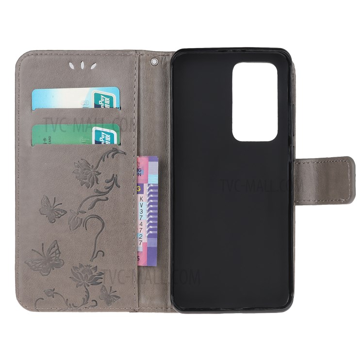 Imprint Butterfly Flower Wallet Leather Cell Phone Case for Huawei P40 Pro - Grey-9