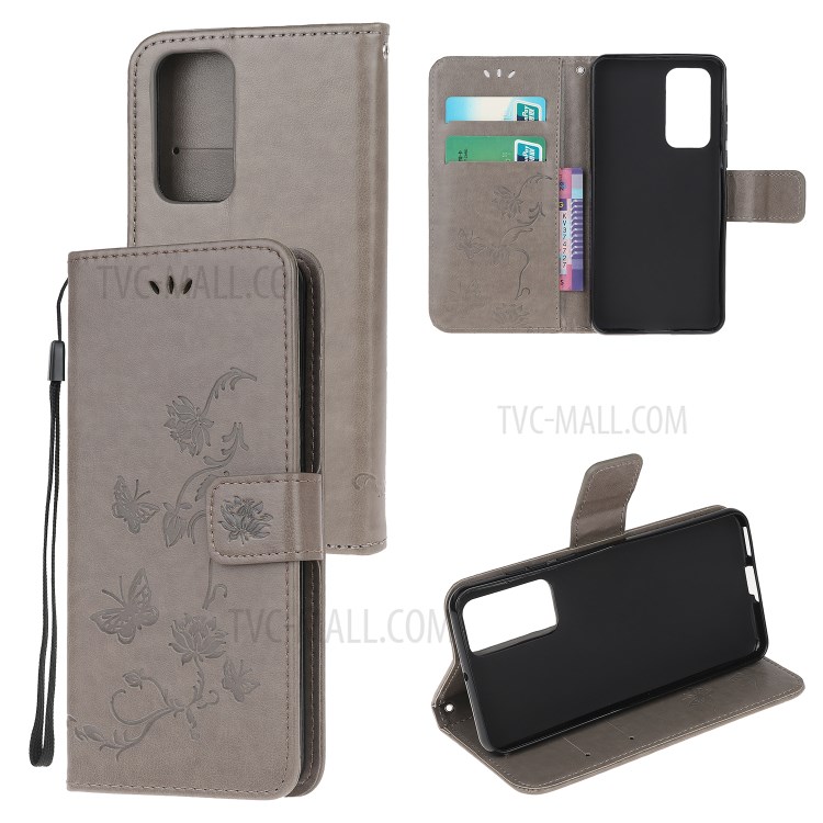 Farfalla Fiori Shell Raccoglitore Di Cuoio Superficie Impronta Per Huawei P40 - Grigio-1