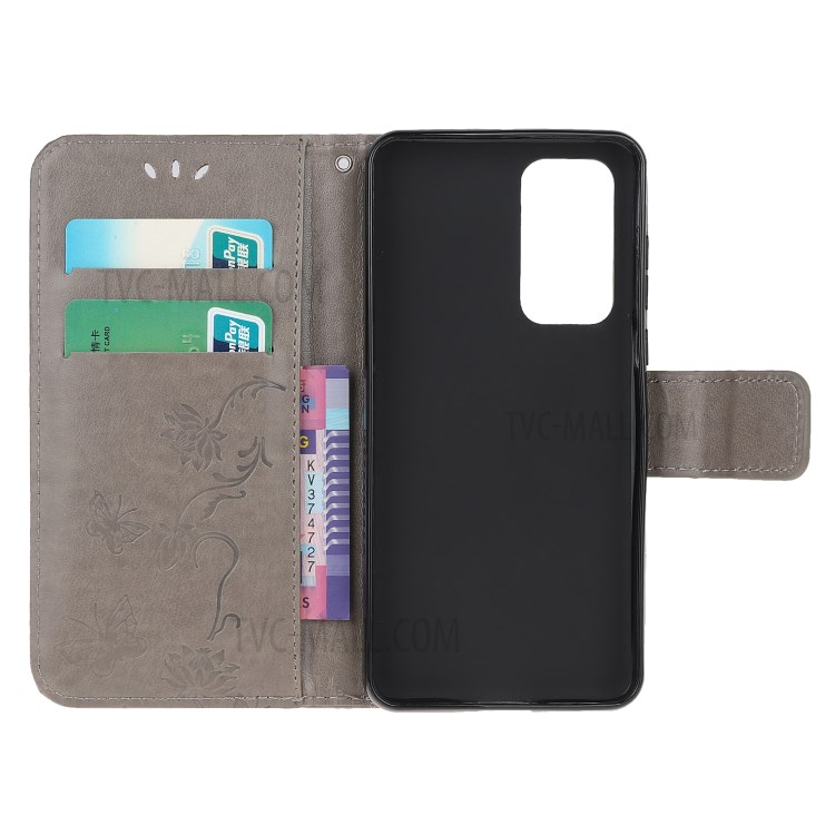 Farfalla Fiori Shell Raccoglitore Di Cuoio Superficie Impronta Per Huawei P40 - Grigio-9
